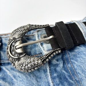 Martina Mori Genuine Black Leather‎ Suede Diamanté Embellished Women’s Belt